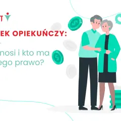 Zasiłek opiekuńczy: ile wynosi i kto ma do niego prawo? Ilustracja przedstawia parę seniorów otoczonych monetami, symbolizującymi wsparcie finansowe.