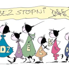 Dzieci idą z transparentem "BEZ STOPNI 1,2,3,4,5,6". Na ich strojach litery tworzą słowo "DZIECEK".