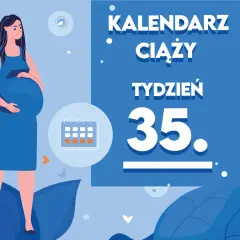 Kobieta w 35 tygodniu ciąży, z brzuszkiem. Obok kalendarz i napis "Kaledarz ciąży tydzień 35".