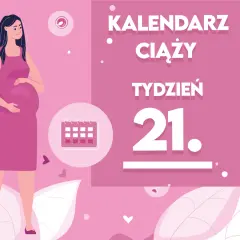 Kobieta w 21 tygodniu ciąży, z brzuszkiem i kalendarzem. Tytuł: Kalendarz ciąży, tydzień 21.
