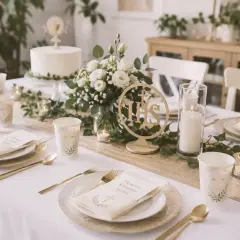 Elegancko nakryty stół na komunię w domu. Złote sztućce, białe kwiaty i tort tworzą uroczystą atmosferę.