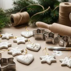 Białe ozdoby choinkowe w kształcie gwiazdek i serc, wykrawaczki do ciastek, pędzel i masa porcelanowa tworzą świąteczną atmosferę.