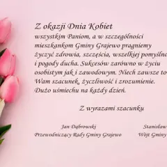 Bukiet różowych i białych tulipanów. Życzenia na Dzień Kobiet od mężczyzn dla mieszkanek Gminy Grajewo.