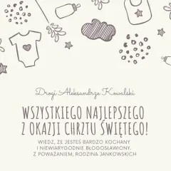 Urocze życzenia na chrzest dla Aleksandra Kowalskiego. Rysunki wózków, ubranek i gwiazdek tworzą ciepłą atmosferę.