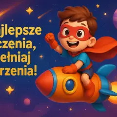 Superbohater na rakiecie leci przez kosmos, niosąc najlepsze życzenia urodzinowe dla chłopca. Niech spełnia marzenia!