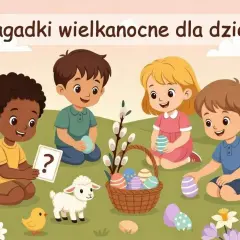 Dzieci szukają jajek wielkanocnych, rozwiązując zagadki. Wesoła atmosfera, pisklę, baranek i zajączek.