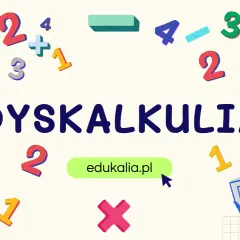 Dyskalkulia co to? Obrazek z cyframi, symbolami matematycznymi i hasłem "DYSKALKULIA" wyjaśnia, czym jest trudność w nauce matematyki.