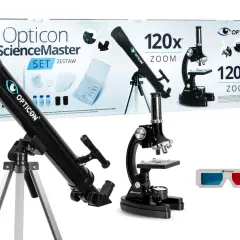 Teleskop, mikroskop i okulary 3D na białym tle, na tle pudełka z napisem "Opticon ScienceMaster SET".