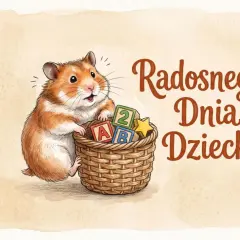 Uroczy chomik z koszykiem klocków i gwiazdką. Graficzne, śmieszne życzenia na Dzień Dziecka.