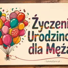 Kolorowe balony unoszą się, tworząc serce, a napis głosi "Życzenia urodzinowe dla Męża".