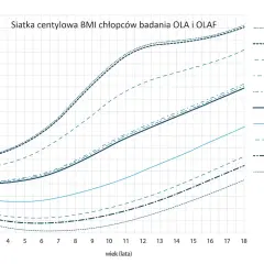 Siatka centylowa BMI chłopców. Pokazuje normy wzrostu i wagi dzieci od 3 do 18 lat, z zaznaczonymi kategoriami: nadwaga, niedowaga i otyłość.