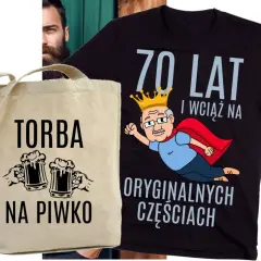 Torba na piwo i koszulka z napisem "70 lat i wciąż na oryginalnych częściach" to idealny zestaw na 70 urodziny.