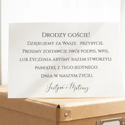 Karta z podziękowaniami dla gości weselnych. Prośba o wpis i krótkie życzenia ślubne od Justyny i Mateusza.