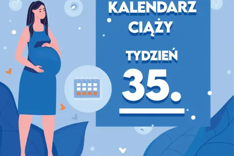 Kobieta w 35 tygodniu ciąży, z brzuszkiem. Obok kalendarz i napis "Kaledarz ciąży tydzień 35".