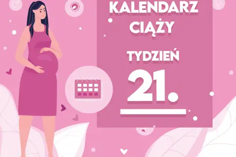 Kobieta w 21 tygodniu ciąży, z brzuszkiem i kalendarzem. Tytuł: Kalendarz ciąży, tydzień 21.
