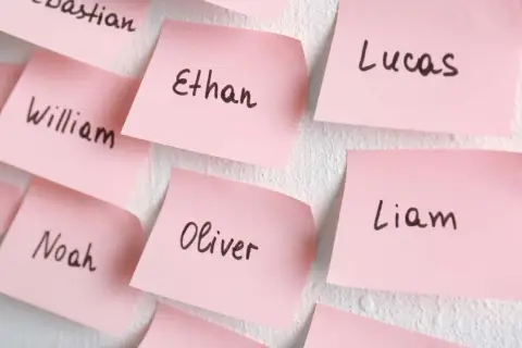 Różowe karteczki z wypisanymi popularnymi amerykańskimi imionami żeńskimi: Ethan, Lucas, Liam, Oliver, Noah, William.