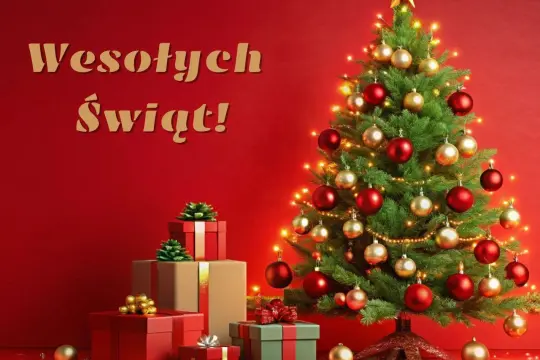 Choinka z bombkami i prezentami. Wesołych Świąt!