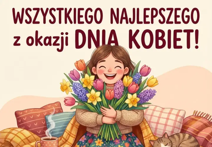 Wesołe życzenia na Dzień Kobiet dla koleżanki! Uśmiechnięta dziewczyna z bukietem wiosennych kwiatów, kotek i kubek gorącej czekolady.