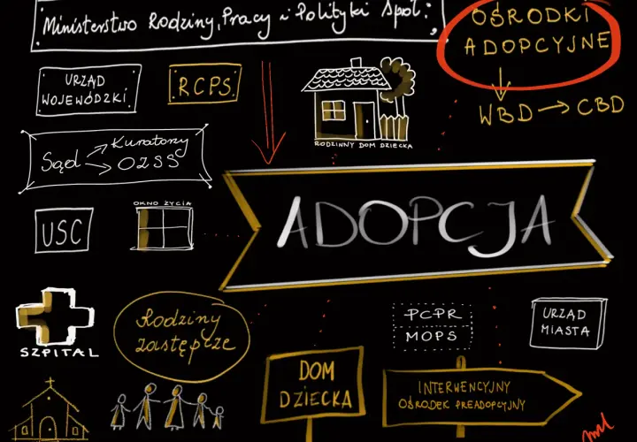 Schemat pokazuje, jak adoptować dziecko: od urzędów po ośrodki adopcyjne.