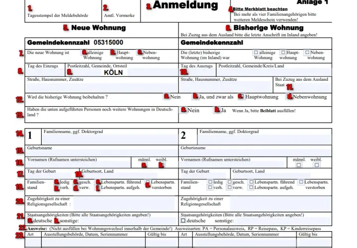 Formular Anmeldung: nowe i poprzednie mieszkanie, dane osobowe, stan cywilny, narodowość, dane paszportu. Jak przemeldować dziecko? Wypełnij sekcje 5 i 6.