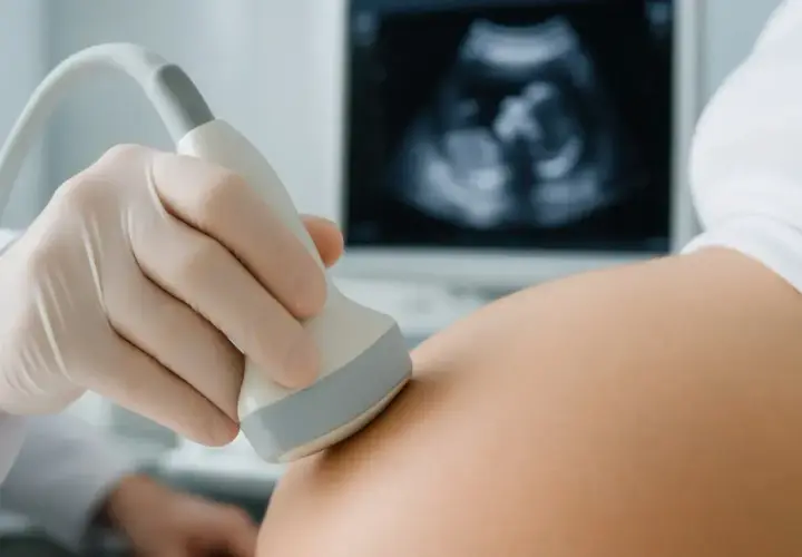 USG jamy brzusznej, widok płodu na ekranie. To może być 6 tydzień ciąży, początek nowego życia.