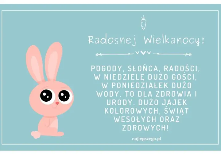 Uroczy króliczek z wielkimi oczami życzy Radosnej Wielkanocy! Wierszyki na Wielkanoc pełne słońca, gości i mokrego dyngusa.