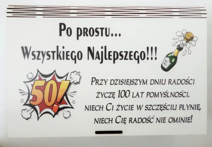Po prostu wszystkiego najlepszego! Krótkie śmieszne życzenia na 50 urodziny z bąbelkami szampana i liczbą 50.