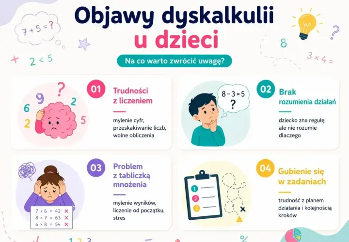 Grafika przedstawia objawy dyskalkulii u dzieci: trudności z liczeniem, brak rozumienia działań, problem z tabliczką mnożenia i gubienie się w zadaniach.