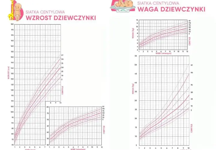 Dwie siatki centylowe dla dziewczynek: wzrost i waga w zależności od wieku.
