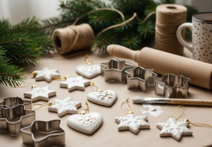 Białe ozdoby choinkowe w kształcie gwiazdek i serc, wykrawaczki do ciastek, pędzel i masa porcelanowa tworzą świąteczną atmosferę.