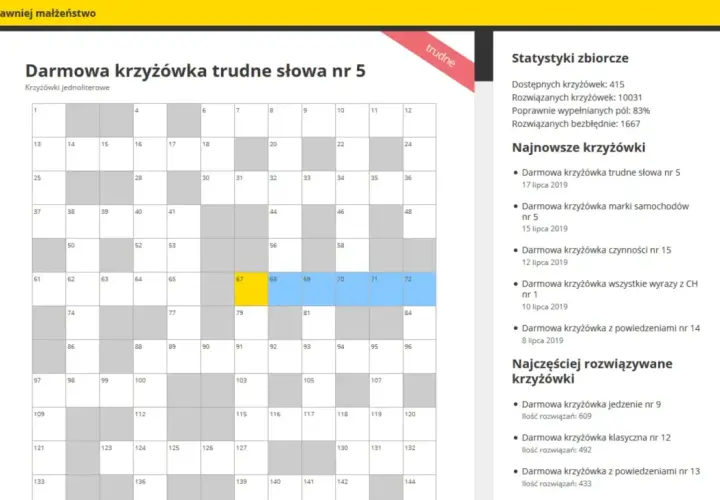 Siatka z polami do wypełnienia, część z nich oznaczona numerami. To darmowa krzyżówka trudne słowa nr 5, idealna dla dzieci.