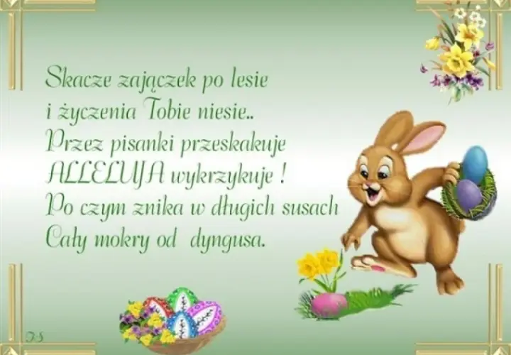 Wesołych Świąt! Zajączek z koszyczkiem pisanek niesie krótkie życzenia wielkanocne.