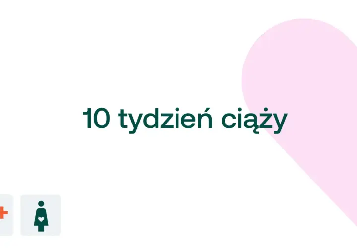 10 tydzień ciąży. D+ ikona kobiety w ciąży na białym tle z różowym sercem.