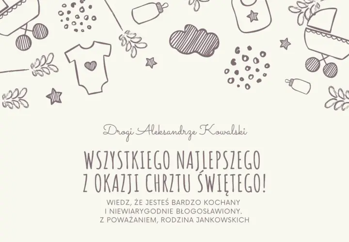 Urocze życzenia na chrzest dla Aleksandra Kowalskiego. Rysunki wózków, ubranek i gwiazdek tworzą ciepłą atmosferę.