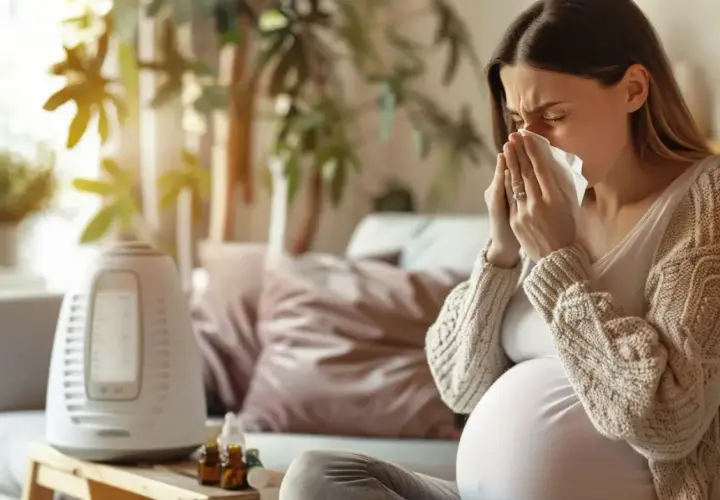 Ciężarna kobieta z chusteczką przy nosie szuka informacji: co na ból gardła w ciąży. Obok nawilżacz powietrza i buteleczki z lekami.