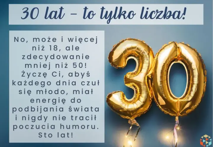 Oryginalne życzenia urodzinowe dla koleżanki: "30 lat - to tylko liczba!". Balony z cyfrą 30 i tekst życzący młodości, energii i humoru.