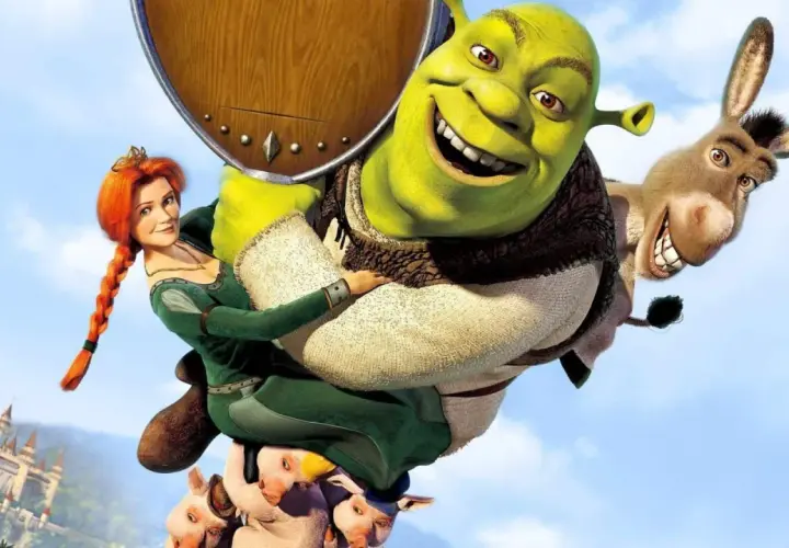 Shrek, Fiona i Osioł lecą na świnkach, idealni bohaterowie do filmów dla dzieci 10-12 lat.