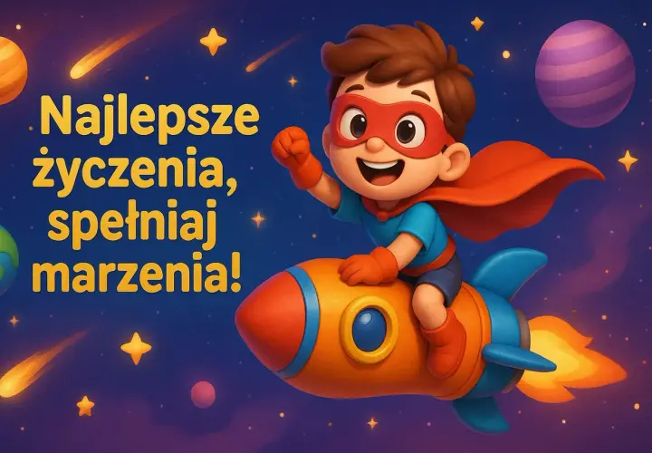 Superbohater na rakiecie leci przez kosmos, niosąc najlepsze życzenia urodzinowe dla chłopca. Niech spełnia marzenia!