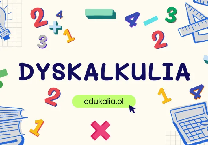 Dyskalkulia co to? Obrazek z cyframi, symbolami matematycznymi i hasłem "DYSKALKULIA" wyjaśnia, czym jest trudność w nauce matematyki.