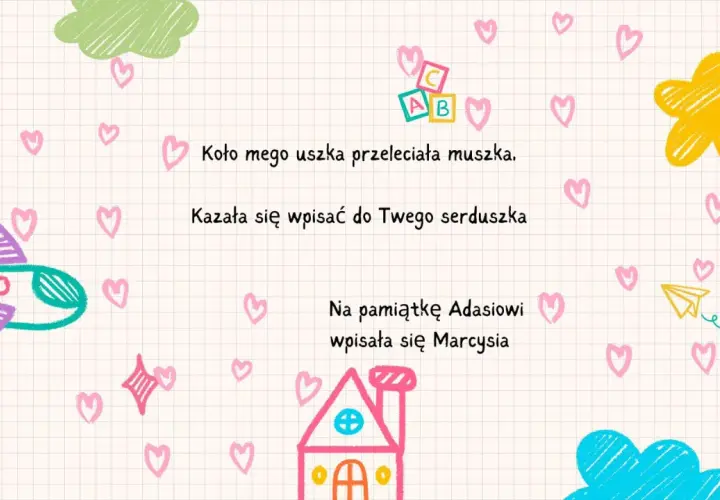 Kolorowe wyliczanki dla dzieci z samolotem, domkiem i gwiazdką.