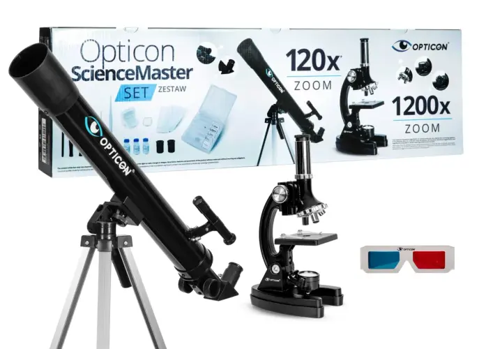 Teleskop, mikroskop i okulary 3D na białym tle, na tle pudełka z napisem "Opticon ScienceMaster SET".