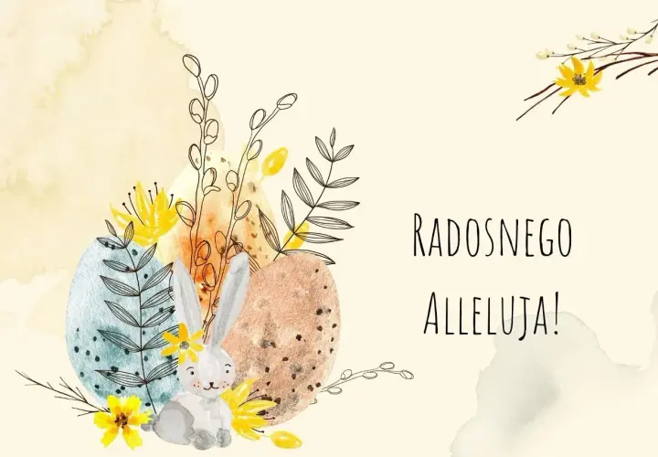 Uroczy zajączek i pisanki wśród wiosennych kwiatów. Radosnego Alleluja!