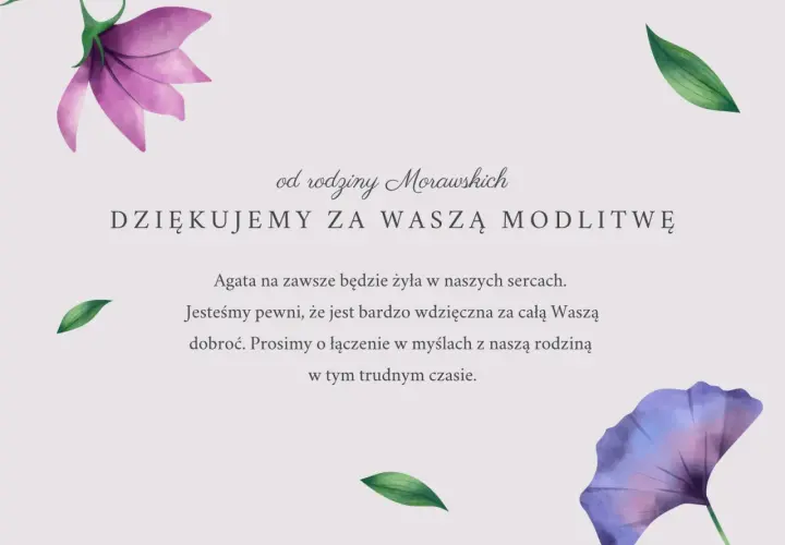 Podziękowanie od rodziny Morawskich za modlitwę. Kondolencje tekst wyraża wdzięczność za wsparcie w trudnym czasie.