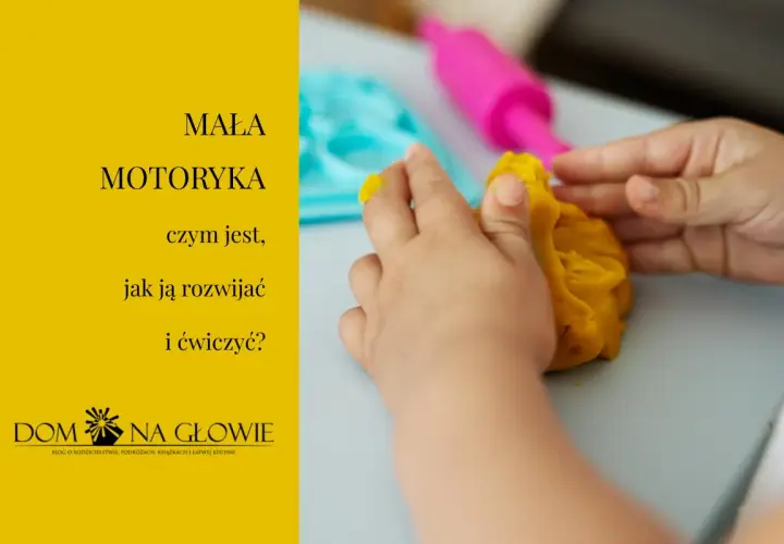 Dziecko rozwija motorykę małą, ugniatając żółtą masę plastyczną. Obok widać niebieską foremkę i różowy wałek.