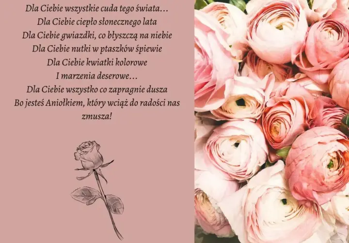 Oryginalne życzenia na 40 urodziny z bukietem różowych kwiatów.