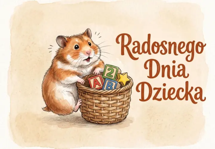 Uroczy chomik z koszykiem klocków i gwiazdką. Graficzne, śmieszne życzenia na Dzień Dziecka.