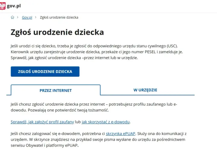 Strona gov.pl informuje, jak sprawdzić, gdzie zameldowane jest dziecko po zgłoszeniu jego urodzenia przez internet lub w urzędzie.