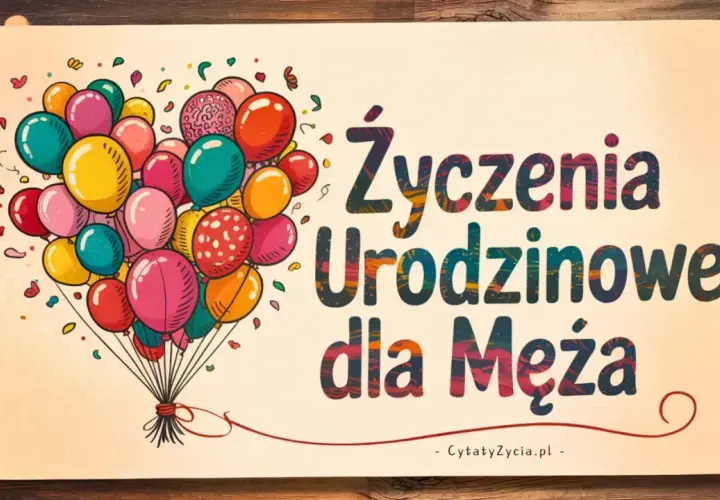 Kolorowe balony unoszą się, tworząc serce, a napis głosi "Życzenia urodzinowe dla Męża".