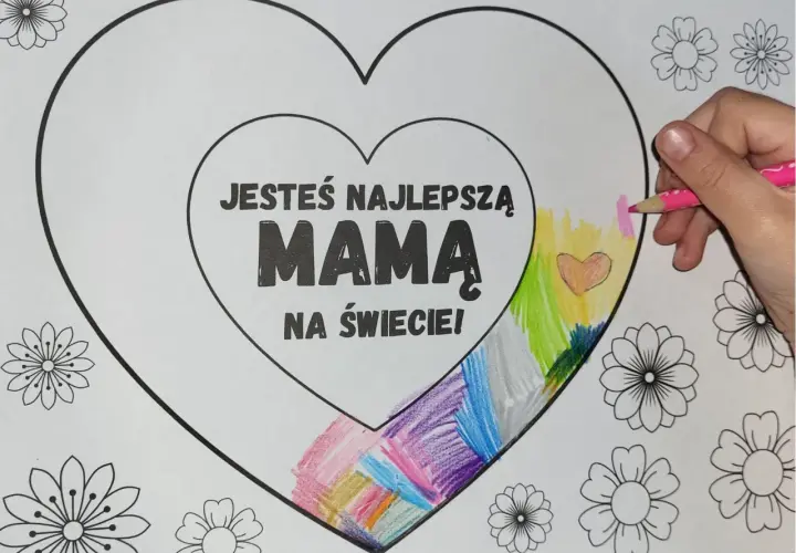 Kolorowanka dla mamy z sercem i napisem "Jesteś najlepszą mamą na świecie!". Dziecko koloruje serduszko i tęczę.