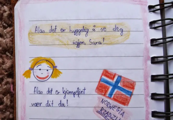 Złote myśli do pamiętnika dla dzieci: rysunek dziewczynki i flagi Norwegii. "Norwegia rządzi!" - pisze mały podróżnik.
